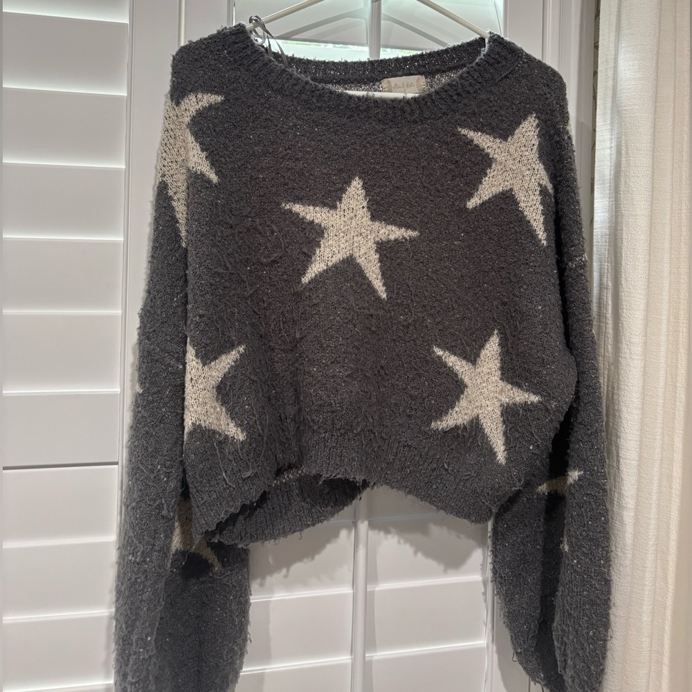 Altar'd State Grey and White Crew Neck Sweater with Star Pattern